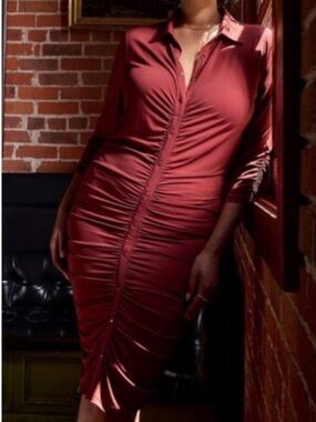 torrid Ruched Button-Front Long Sleeve Midi Dress in Burgundy